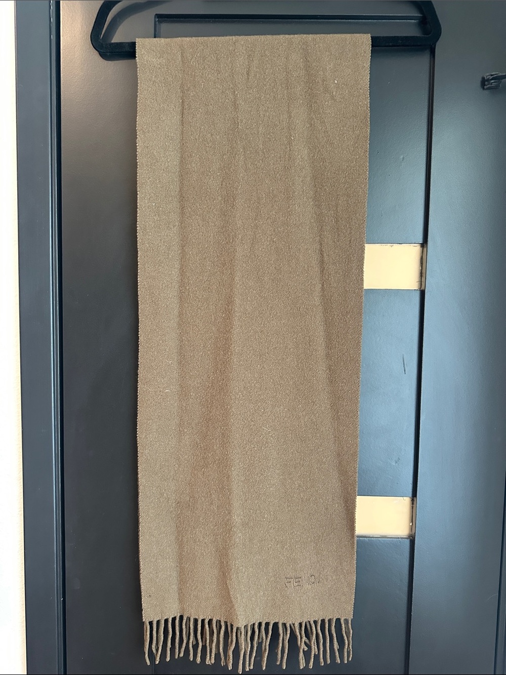 Fendi Green Camel Fringed Logo Scarf